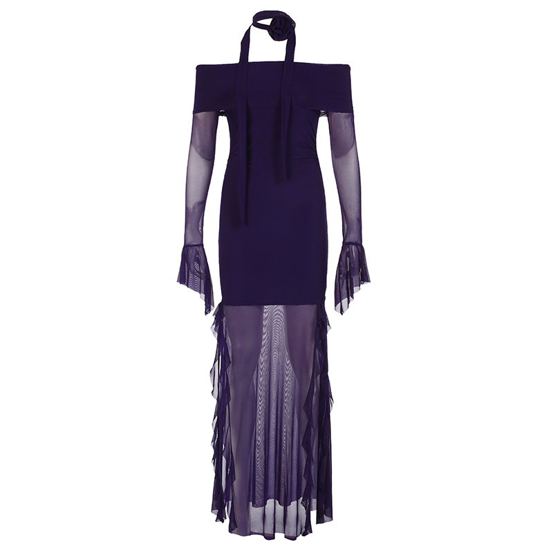 Purple Charm Off-Shoulder Sheer Long Dress with Bell Sleeves - Elegant Split Design for Women, Perfect for Special Occasions Purple Charm Off-Shoulder Sheer Long Dress with Bell Sleeves - Elegant Split Design for Women, Perfect for Special Occasions