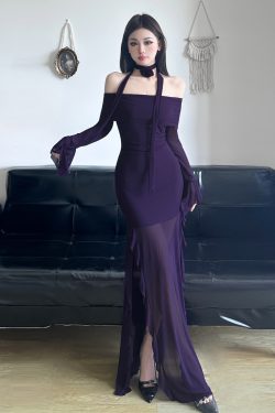 Purple Charm Off-Shoulder Sheer Long Dress with Bell Sleeves - Elegant Split Design for Women, Perfect for Special Occasions