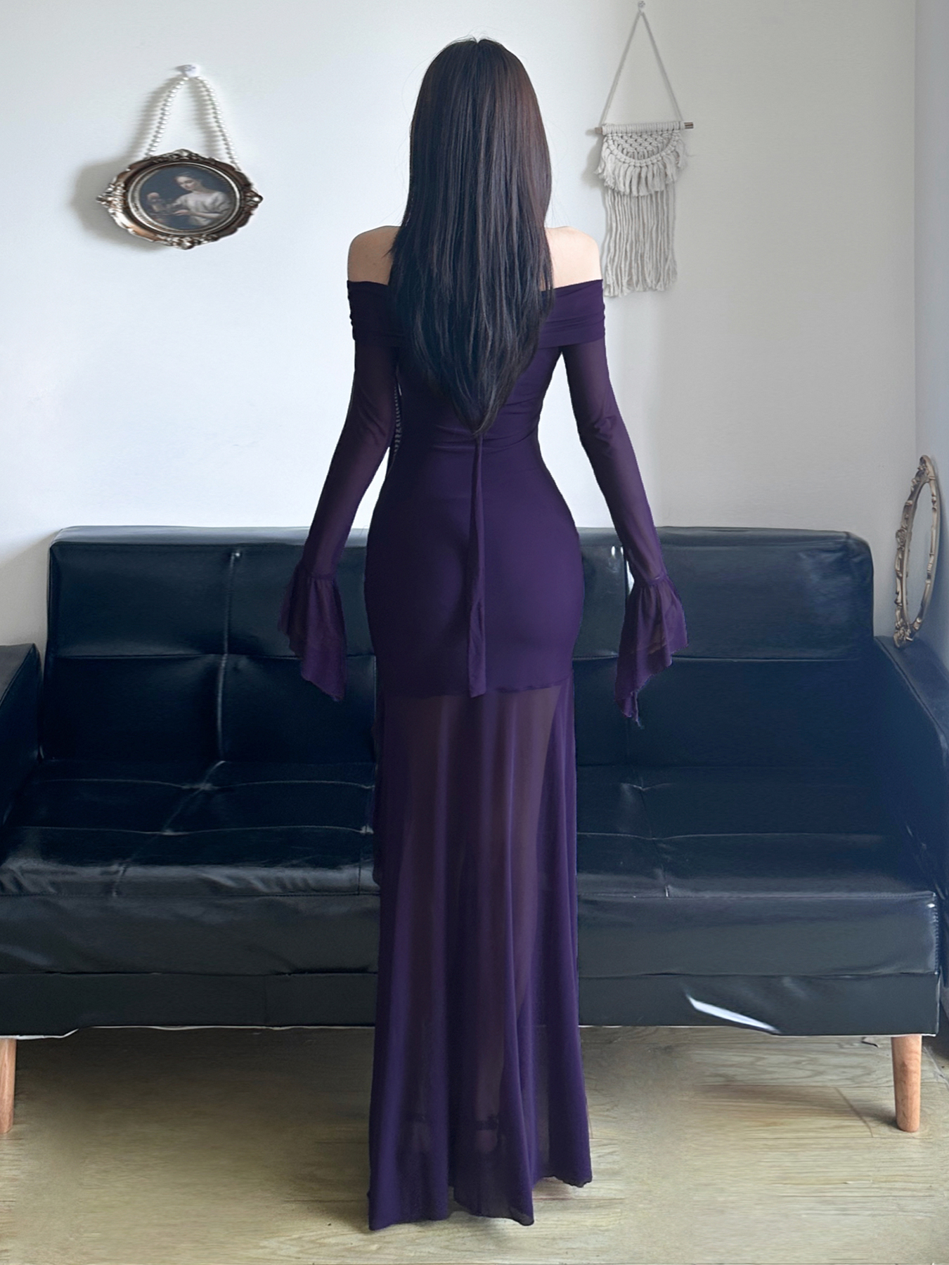 Purple Charm Off-Shoulder Sheer Long Dress with Bell Sleeves - Elegant Split Design for Women, Perfect for Special Occasions Purple Charm Off-Shoulder Sheer Long Dress with Bell Sleeves - Elegant Split Design for Women, Perfect for Special Occasions