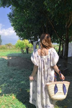 Purple Dream Butterfly Tie-Dye Tassel Short Sleeve Dress for Women - Summer Loose Fit Puff Sleeve Square Neck Fashion Dress