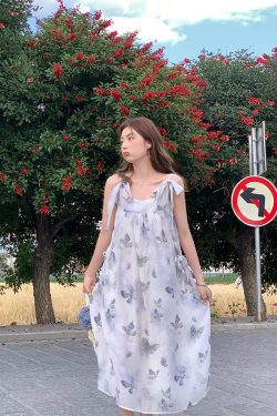 Purple Dream Butterfly Tie-Dye Tassel Short Sleeve Dress for Women - Summer Loose Fit Puff Sleeve Square Neck Fashion Dress