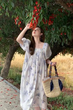 Purple Dream Butterfly Tie-Dye Tassel Short Sleeve Dress for Women - Summer Loose Fit Puff Sleeve Square Neck Fashion Dress