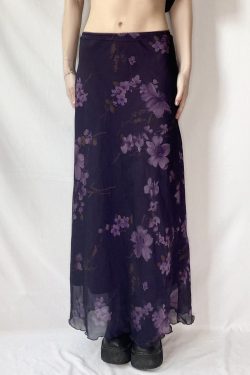 Purple Floral Mesh Long Skirt - Retro Chinese Style Low Waist Vintage Maxi Skirt for Women, Y2K Inspired Fashion