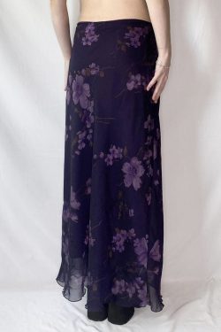 Purple Floral Mesh Long Skirt - Retro Chinese Style Low Waist Vintage Maxi Skirt for Women, Y2K Inspired Fashion