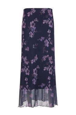 Purple Floral Mesh Long Skirt - Retro Chinese Style Low Waist Vintage Maxi Skirt for Women, Y2K Inspired Fashion