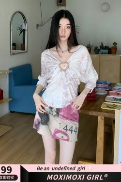 Purple Floral Patchwork V-Neck Knitted Short-Sleeve T-Shirt - Elastic Loose Fit Summer Top for Y2K and 90s Style
