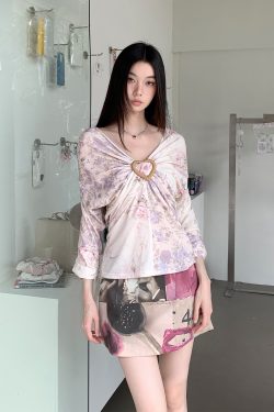 Purple Floral Patchwork V-Neck Knitted Short-Sleeve T-Shirt - Elastic Loose Fit Summer Top for Y2K and 90s Style