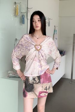 Purple Floral Patchwork V-Neck Knitted Short-Sleeve T-Shirt - Elastic Loose Fit Summer Top for Y2K and 90s Style