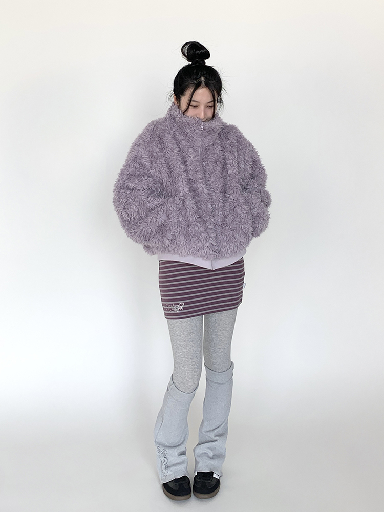 Purple Fluffy Long Lamb Wool Coat for Autumn & Winter, Loose Versatile Short Stand-Up Collar Outerwear Purple Fluffy Long Lamb Wool Coat for Autumn & Winter, Loose Versatile Short Stand-Up Collar Outerwear