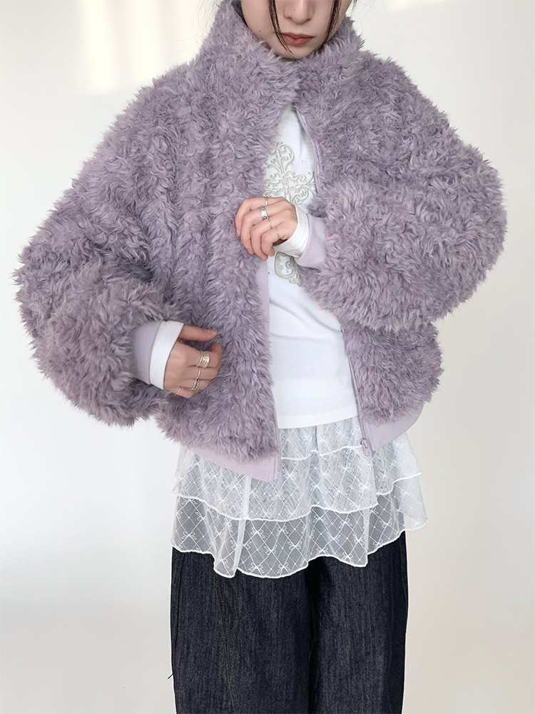Purple Fluffy Long Lamb Wool Coat for Autumn & Winter, Loose Versatile Short Stand-Up Collar Outerwear Purple Fluffy Long Lamb Wool Coat for Autumn & Winter, Loose Versatile Short Stand-Up Collar Outerwear
