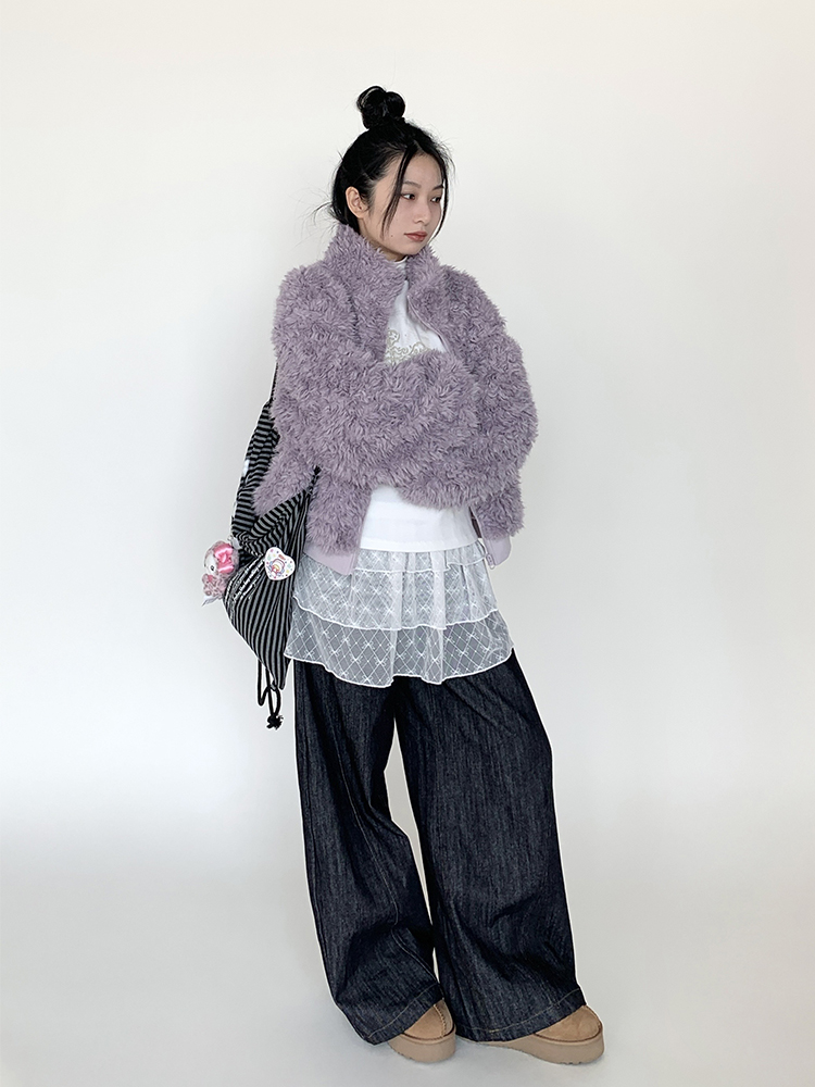 Purple Fluffy Long Lamb Wool Coat for Autumn & Winter, Loose Versatile Short Stand-Up Collar Outerwear Purple Fluffy Long Lamb Wool Coat for Autumn & Winter, Loose Versatile Short Stand-Up Collar Outerwear