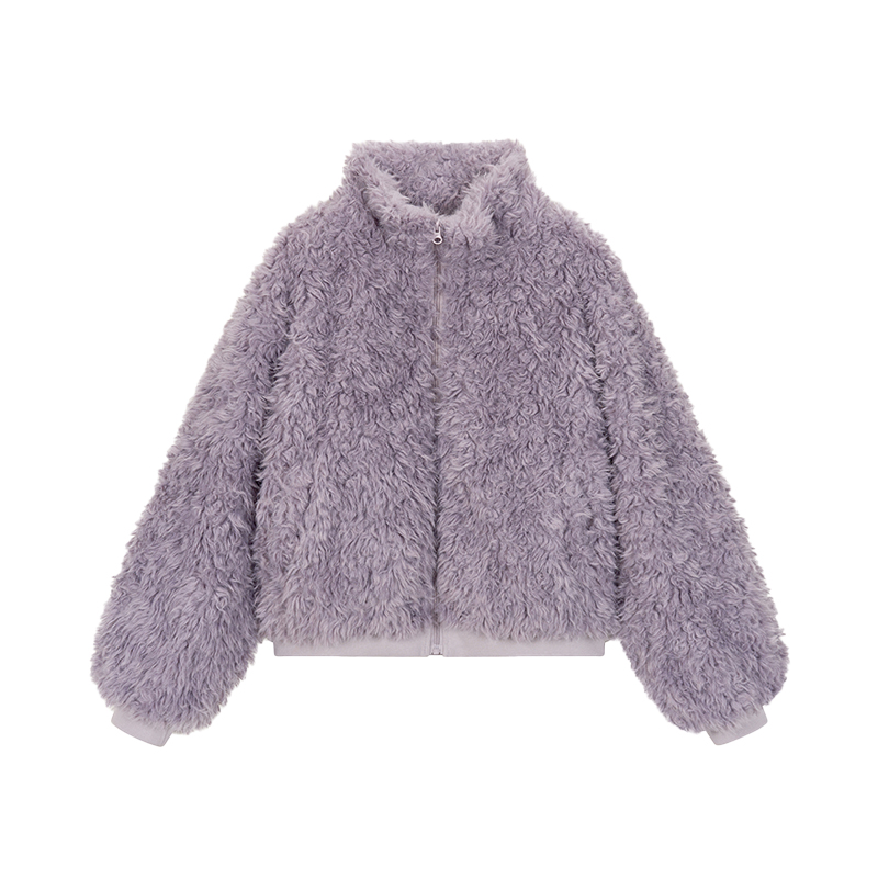 Purple Fluffy Long Lamb Wool Coat for Autumn & Winter, Loose Versatile Short Stand-Up Collar Outerwear Purple Fluffy Long Lamb Wool Coat for Autumn & Winter, Loose Versatile Short Stand-Up Collar Outerwear