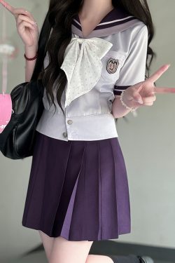 Purple Pudding Bear JK Uniform Sailor Suit - Japanese College Style Waist-Defined Navy Collar Set for Trendy Y2K Fashion