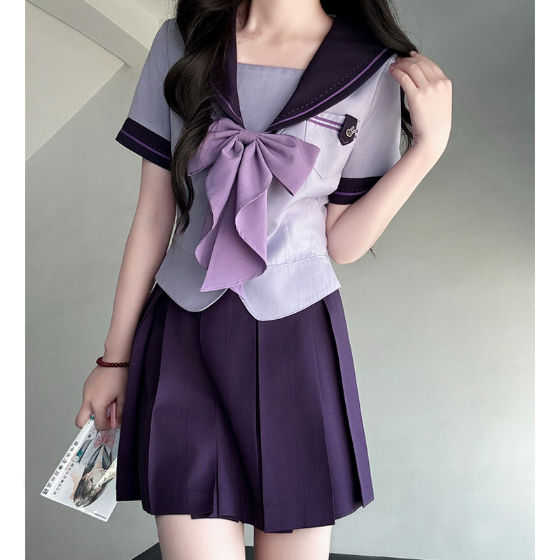 Purple Pudding Bear JK Uniform Sailor Suit with Dotted Navy Collar, College Style, Waist-Defining Slim Fit, Y2K Aesthetic Purple Pudding Bear JK Uniform Sailor Suit with Dotted Navy Collar, College Style, Waist-Defining Slim Fit, Y2K Aesthetic
