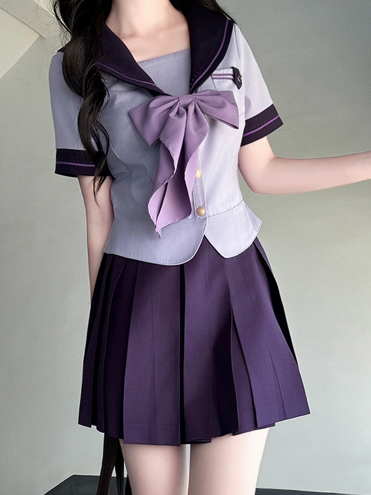 Purple Pudding Bear JK Uniform Sailor Suit with Dotted Navy Collar, College Style, Waist-Defining Slim Fit, Y2K Aesthetic Purple Pudding Bear JK Uniform Sailor Suit with Dotted Navy Collar, College Style, Waist-Defining Slim Fit, Y2K Aesthetic