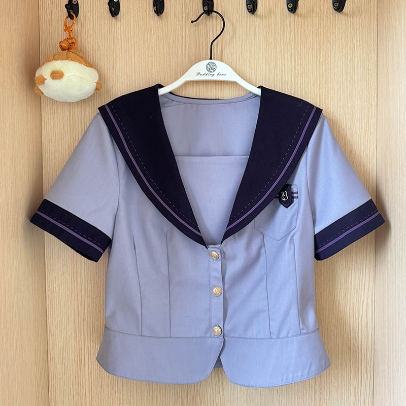 Purple Pudding Bear JK Uniform Sailor Suit with Dotted Navy Collar, College Style, Waist-Defining Slim Fit, Y2K Aesthetic Purple Pudding Bear JK Uniform Sailor Suit with Dotted Navy Collar, College Style, Waist-Defining Slim Fit, Y2K Aesthetic