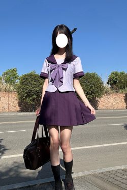 Purple Pudding Bear JK Uniform Sailor Suit with Dotted Navy Collar, College Style, Waist-Defining Slim Fit, Y2K Aesthetic