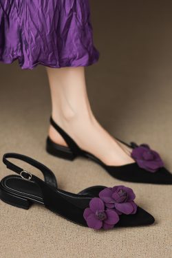 Purple Rose Genuine Leather Pointed Flower Sandals for Women, Summer Low-Heeled Closed-Toe Footwear, Versatile Floral Design