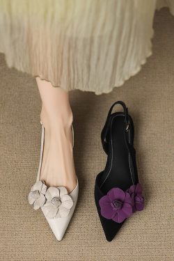Purple Rose Genuine Leather Pointed Flower Sandals for Women, Summer Low-Heeled Closed-Toe Footwear, Versatile Floral Design