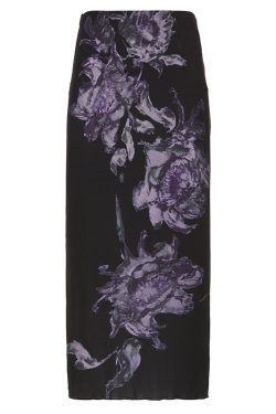 Purple Rose Print Vintage High Waist Split Midi Skirt for Women - H-Line Design, 90s Inspired Floral Style