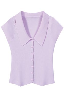 Purple Waist-Cinching Short-Sleeve Knitted Polo Shirt for Women - Summer Flutter Sleeve T-Shirt for a Youthful Look