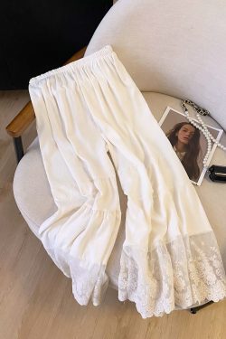 Qipao-Style Wide-Leg Leggings for Forest Girls, Japanese Fresh Style, Elastic Waist, Lace Trim, Cotton-Linen Spliced Pants