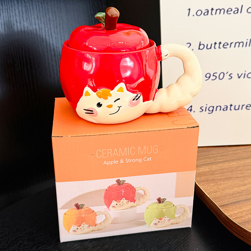 Quirky Apple Cat Ceramic Mug with Lid - Cute Fun Water Cup for Girls, Perfect Birthday Gift Idea Quirky Apple Cat Ceramic Mug with Lid - Cute Fun Water Cup for Girls, Perfect Birthday Gift Idea