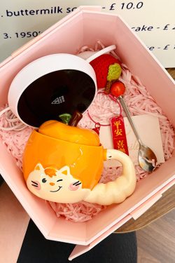 Quirky Apple Cat Ceramic Mug with Lid - Cute Fun Water Cup for Girls, Perfect Birthday Gift Idea