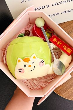 Quirky Apple Cat Ceramic Mug with Lid - Cute Fun Water Cup for Girls, Perfect Birthday Gift Idea