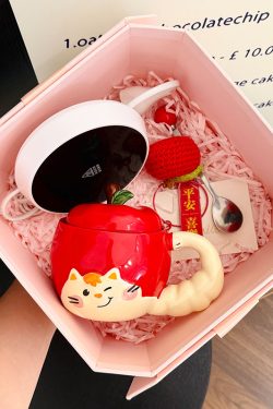 Quirky Apple Cat Ceramic Mug with Lid - Cute Fun Water Cup for Girls, Perfect Birthday Gift Idea