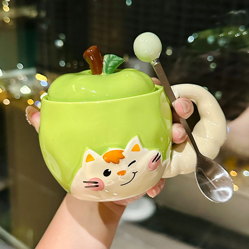 Quirky Apple Cat Ceramic Mug with Lid - Cute Fun Water Cup for Girls, Perfect Birthday Gift Idea Quirky Apple Cat Ceramic Mug with Lid - Cute Fun Water Cup for Girls, Perfect Birthday Gift Idea