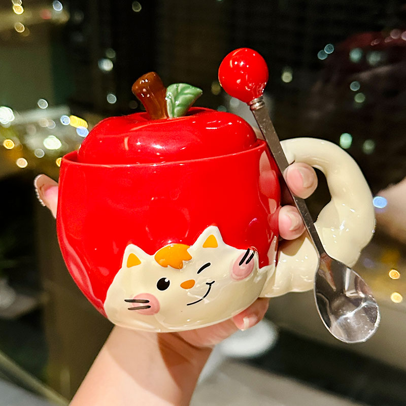 Quirky Apple Cat Ceramic Mug with Lid - Cute Fun Water Cup for Girls, Perfect Birthday Gift Idea Quirky Apple Cat Ceramic Mug with Lid - Cute Fun Water Cup for Girls, Perfect Birthday Gift Idea