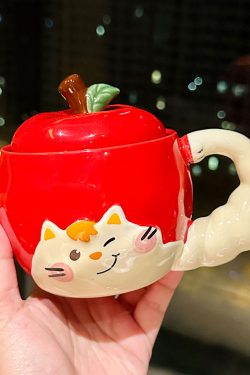 Quirky Apple Cat Ceramic Mug with Lid - Cute Fun Water Cup for Girls, Perfect Birthday Gift Idea
