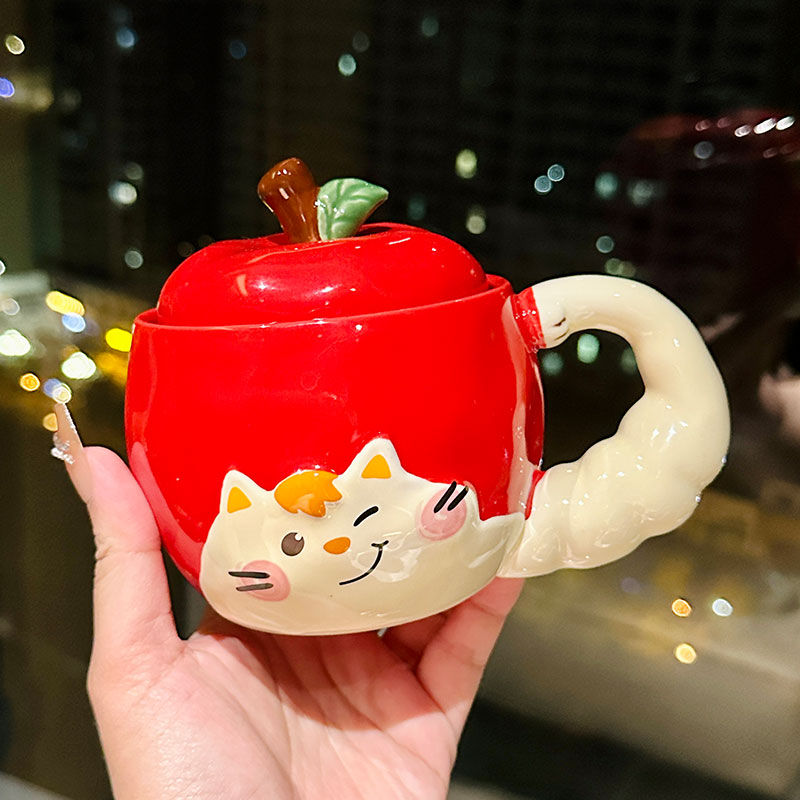 Quirky Apple Cat Ceramic Mug with Lid - Cute Fun Water Cup for Girls, Perfect Birthday Gift Idea Quirky Apple Cat Ceramic Mug with Lid - Cute Fun Water Cup for Girls, Perfect Birthday Gift Idea