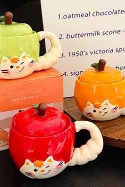 Quirky Apple Cat Ceramic Mug with Lid - Cute Fun Water Cup for Girls, Perfect Birthday Gift Idea