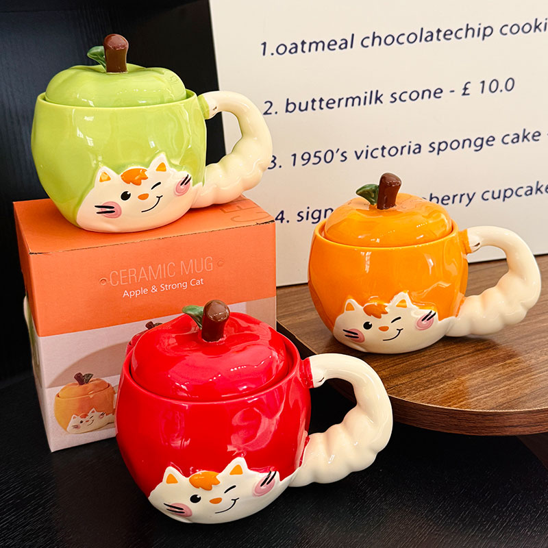 Quirky Apple Cat Ceramic Mug with Lid - Cute Fun Water Cup for Girls, Perfect Birthday Gift Idea Quirky Apple Cat Ceramic Mug with Lid - Cute Fun Water Cup for Girls, Perfect Birthday Gift Idea