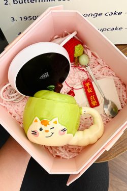 Quirky Apple Cat Ceramic Mug with Lid - Cute Fun Water Cup for Girls, Perfect Birthday Gift Idea