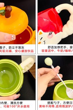 Quirky Apple Cat Ceramic Mug with Lid - Cute Fun Water Cup for Girls, Perfect Birthday Gift Idea