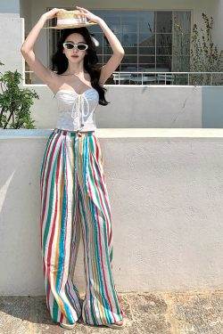 Rainbow Striped Wide-Leg Pants for Beach Vacation – Floor-Length Linen Pants with Sun Protection Cardigan in Lazy Style