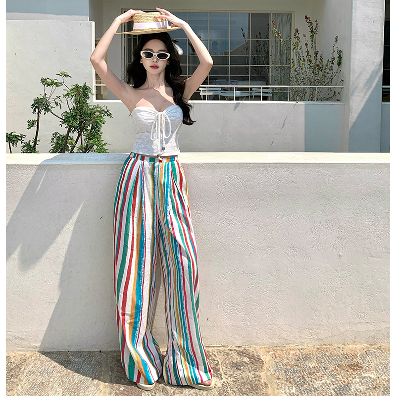 Rainbow Striped Wide-Leg Pants for Beach Vacation – Floor-Length Linen Pants with Sun Protection Cardigan in Lazy Style Rainbow Striped Wide-Leg Pants for Beach Vacation – Floor-Length Linen Pants with Sun Protection Cardigan in Lazy Style
