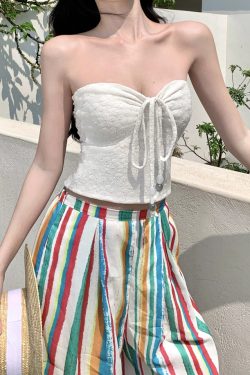 Rainbow Striped Wide-Leg Pants for Beach Vacation – Floor-Length Linen Pants with Sun Protection Cardigan in Lazy Style