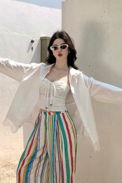 Rainbow Striped Wide-Leg Pants for Beach Vacation – Floor-Length Linen Pants with Sun Protection Cardigan in Lazy Style