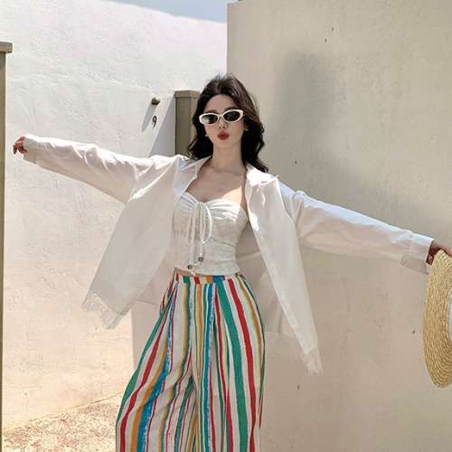 Rainbow Striped Wide-Leg Pants for Beach Vacation – Floor-Length Linen Pants with Sun Protection Cardigan in Lazy Style Rainbow Striped Wide-Leg Pants for Beach Vacation – Floor-Length Linen Pants with Sun Protection Cardigan in Lazy Style