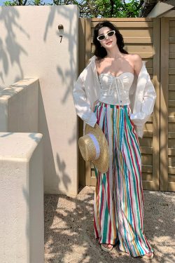 Rainbow Striped Wide-Leg Pants for Beach Vacation – Floor-Length Linen Pants with Sun Protection Cardigan in Lazy Style