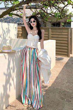Rainbow Striped Wide-Leg Pants for Beach Vacation – Floor-Length Linen Pants with Sun Protection Cardigan in Lazy Style