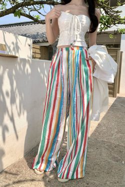 Rainbow Striped Wide-Leg Pants for Beach Vacation – Floor-Length Linen Pants with Sun Protection Cardigan in Lazy Style