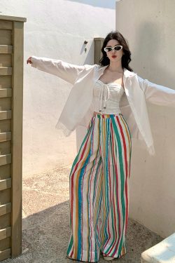 Rainbow Striped Wide-Leg Pants for Beach Vacation – Floor-Length Linen Pants with Sun Protection Cardigan in Lazy Style