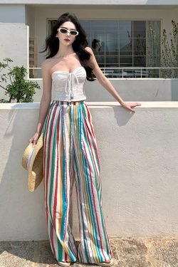 Rainbow Striped Wide-Leg Pants for Beach Vacation – Floor-Length Linen Pants with Sun Protection Cardigan in Lazy Style