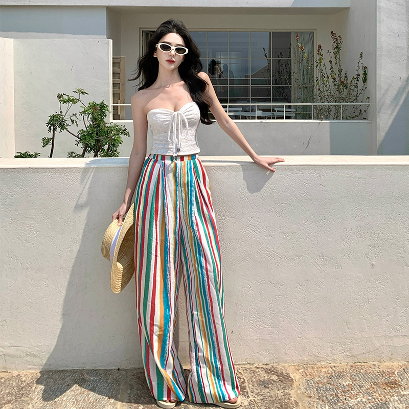 Rainbow Striped Wide-Leg Pants for Beach Vacation – Floor-Length Linen Pants with Sun Protection Cardigan in Lazy Style Rainbow Striped Wide-Leg Pants for Beach Vacation – Floor-Length Linen Pants with Sun Protection Cardigan in Lazy Style