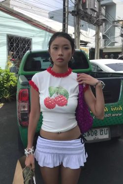 Raspberry Print Red Lace Trim Short Sleeve Top - Slim Fit Pure Cotton Women's Korean Style Fashion